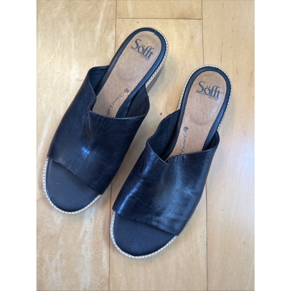 BLACK LEATHER SLIDES Sofft Size 11 Women’s Comfortable Open Toe Shoes